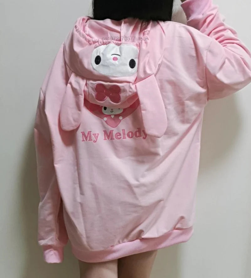 Sanrio Melody Cinnamoroll Pom Pom Purin Hooded Zipper Sweater Cute Sweet Embroidery Cartoon Hoodies Women's Loose Coat