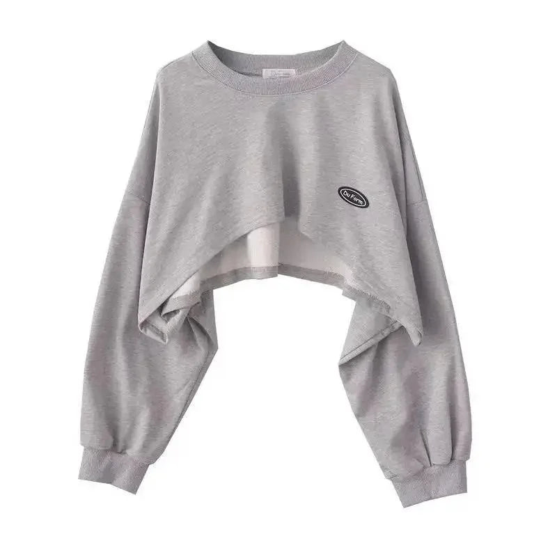 Women's Fashion Asymmetrical Cropped Camis Sweatshirt 2 Piece Casual  Solid Long Sleeve Female Pullovers Chic Tops