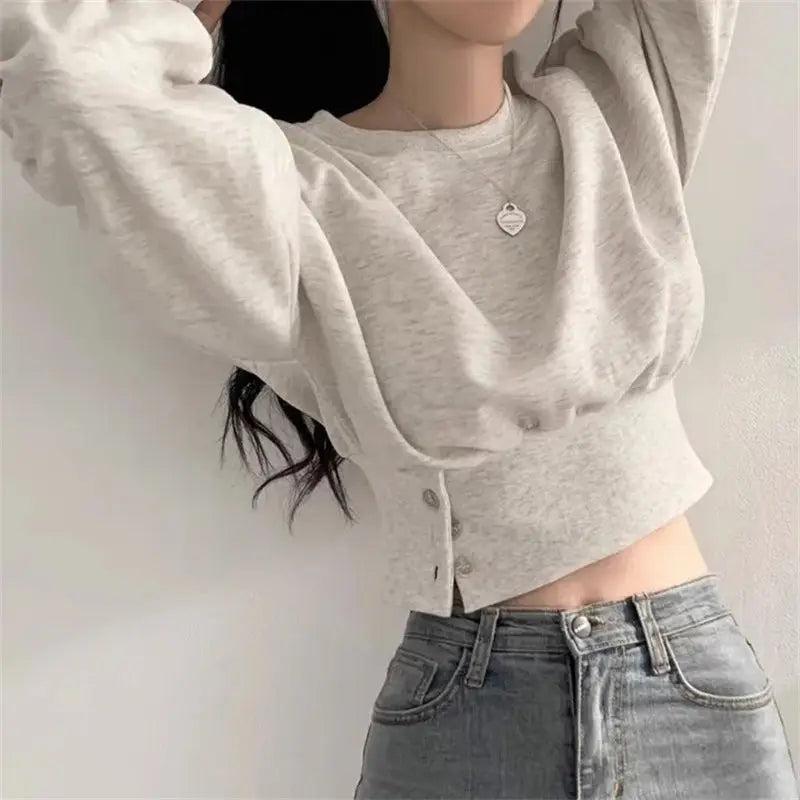 Autumn Long Sleeve Tops Women Korean Fashion Crop Sweatshirt Female Vintage Casual Buttons Up Sweatshirts Chic Hoodies Ladies