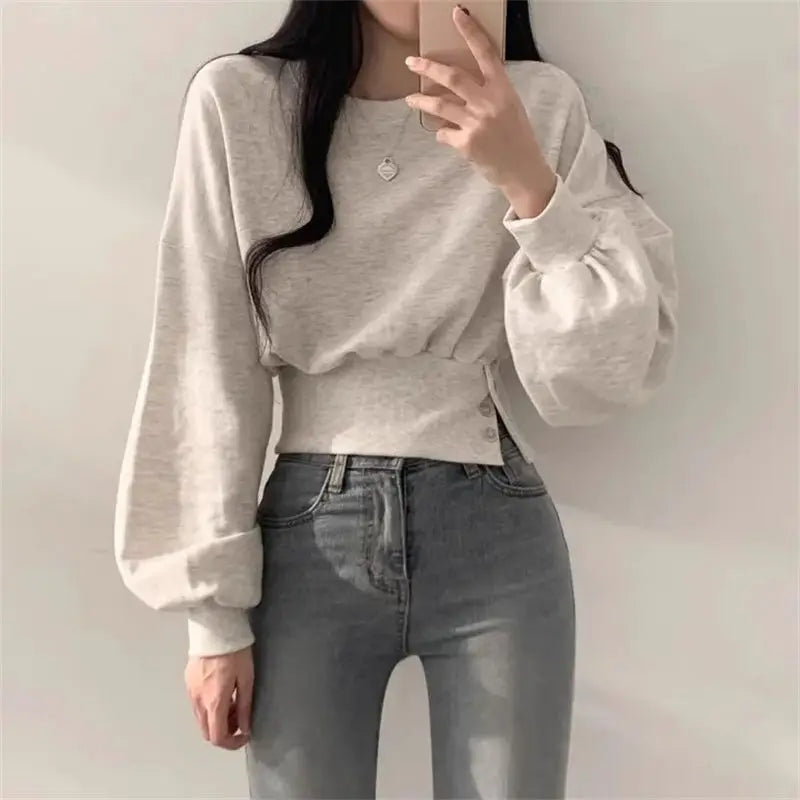 Autumn Long Sleeve Tops Women Korean Fashion Crop Sweatshirt Female Vintage Casual Buttons Up Sweatshirts Chic Hoodies Ladies