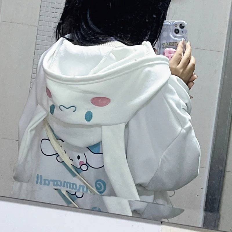 Sanrio Melody Cinnamoroll Pom Pom Purin Hooded Zipper Sweater Cute Sweet Embroidery Cartoon Hoodies Women's Loose Coat