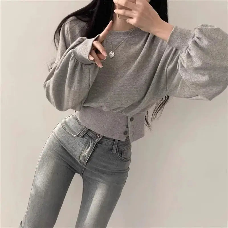 Autumn Long Sleeve Tops Women Korean Fashion Crop Sweatshirt Female Vintage Casual Buttons Up Sweatshirts Chic Hoodies Ladies