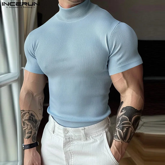 INCERUN Men's T Shirt Solid Color Turtleneck Short Sleeve Casual Men Clothing Summer 2024 Fitness Streetwear Fashion Tee Tops