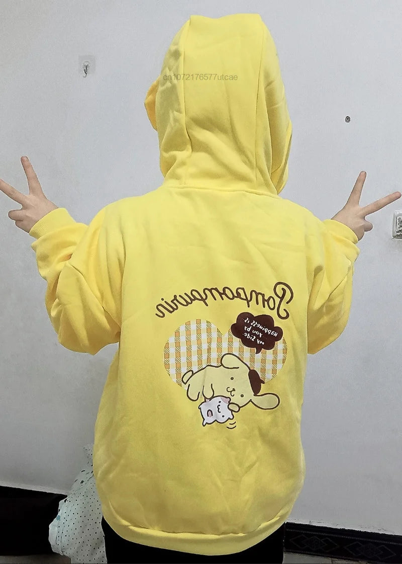 Sanrio Melody Cinnamoroll Pom Pom Purin Hooded Zipper Sweater Cute Sweet Embroidery Cartoon Hoodies Women's Loose Coat