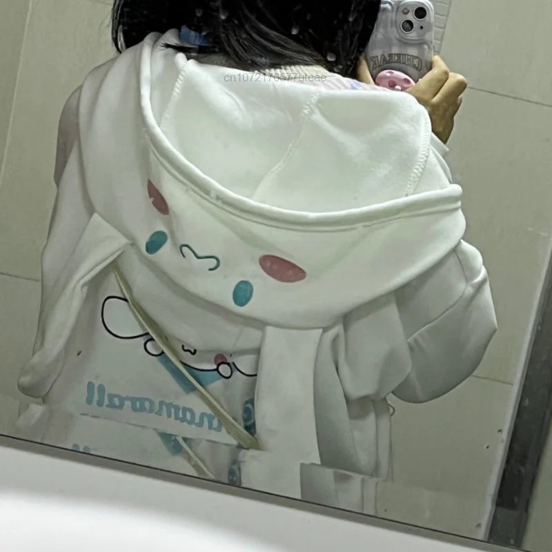 Sanrio Melody Cinnamoroll Pom Pom Purin Hooded Zipper Sweater Cute Sweet Embroidery Cartoon Hoodies Women's Loose Coat