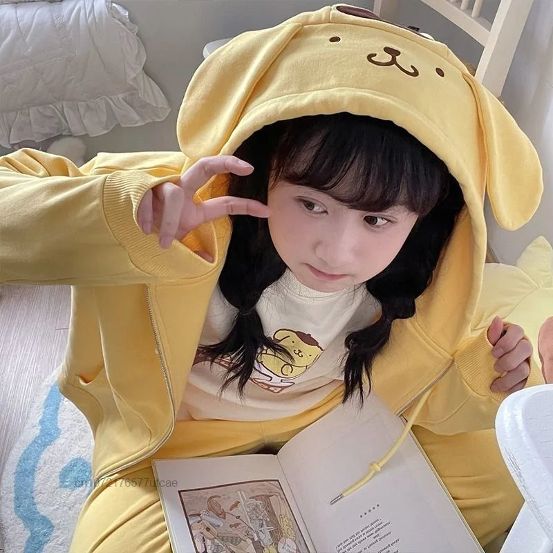 Sanrio Melody Cinnamoroll Pom Pom Purin Hooded Zipper Sweater Cute Sweet Embroidery Cartoon Hoodies Women's Loose Coat