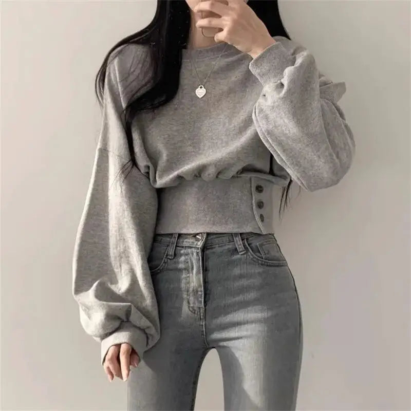 Autumn Long Sleeve Tops Women Korean Fashion Crop Sweatshirt Female Vintage Casual Buttons Up Sweatshirts Chic Hoodies Ladies