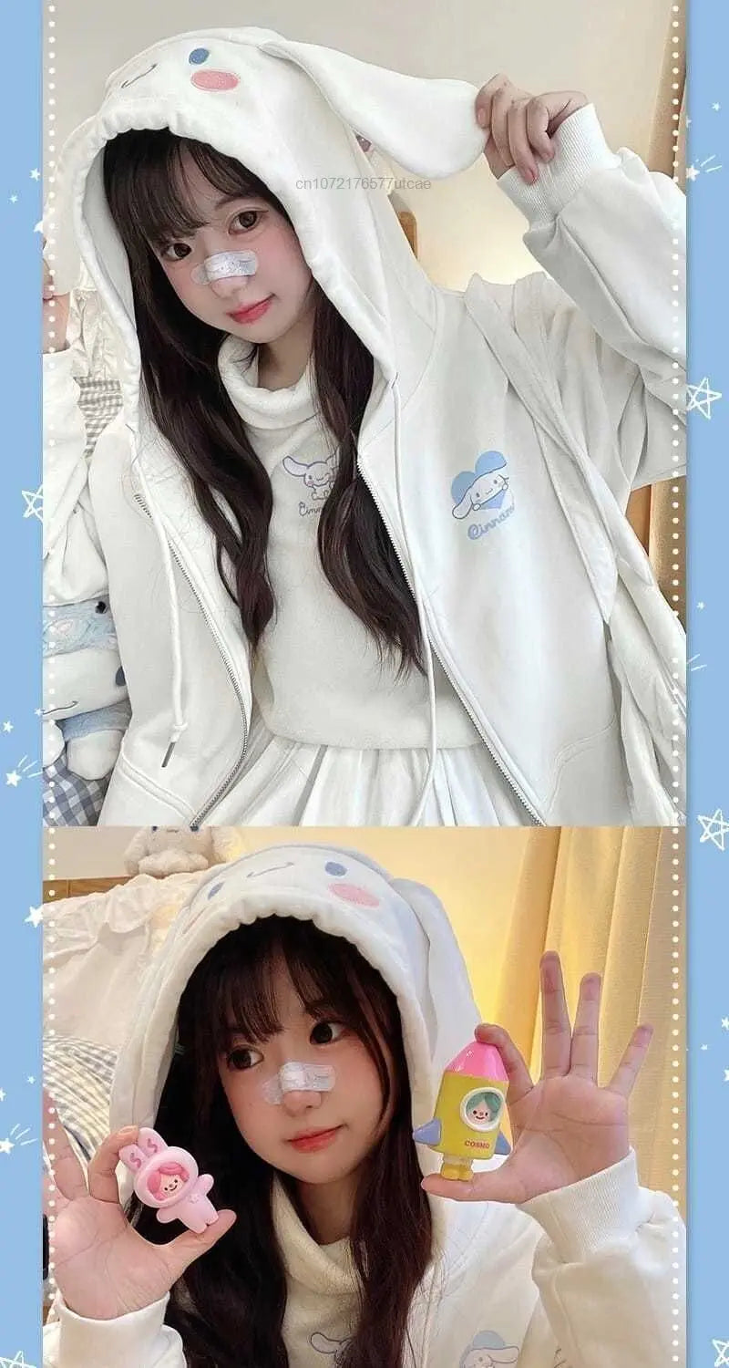 Sanrio Melody Cinnamoroll Pom Pom Purin Hooded Zipper Sweater Cute Sweet Embroidery Cartoon Hoodies Women's Loose Coat