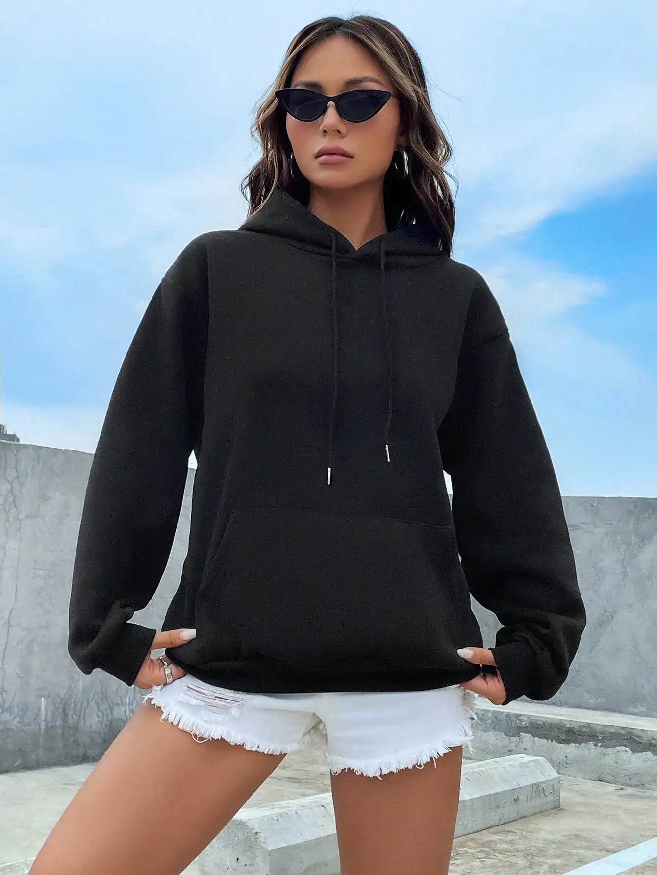 Solid Color Casual Hoodie For Female Pocket Creative Sweatshirts All-Match Street Clothes Womens Fleece Unisex Pullovers