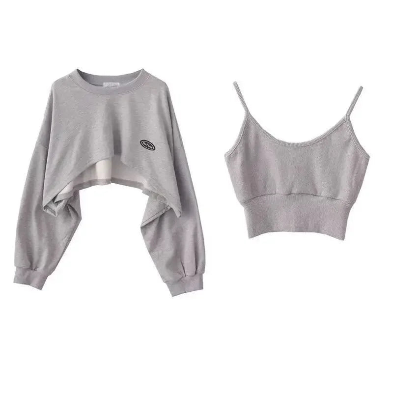 Women's Fashion Asymmetrical Cropped Camis Sweatshirt 2 Piece Casual  Solid Long Sleeve Female Pullovers Chic Tops