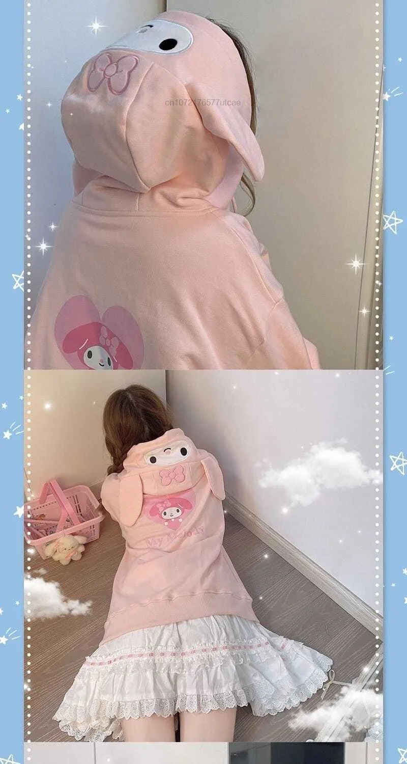 Sanrio Melody Cinnamoroll Pom Pom Purin Hooded Zipper Sweater Cute Sweet Embroidery Cartoon Hoodies Women's Loose Coat